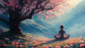 une silhouette méditant sous un arbre dans la nature, entourée de fleurs et d'une légère brume, couleurs printanières en rose, vert, violet et bleu, ambiance paisible et contemplative