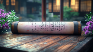 ancien rouleau chinois sur une table en bois, calligraphie délicate, éclairage doux, plantes violettes et vertes autour, atmosphère poétique et méditative