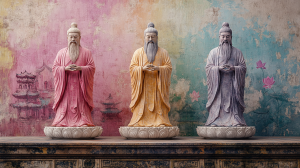 trois philosophies chinoise en harmonie : Laozi (taoïsme), Confucius (confucianisme) et Bouddha (bouddhisme), robes traditionnelles stylisées, éclairage artistique doux, arrière-plan symbolique de la nature, du temple et du lotus, tons pastel en rose, violet, vert et bleu, atmosphère paisible et respectueuse