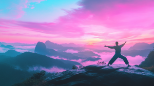une personne pratiquant le tai-chi, au lever du soleil, entourée par la nature dans des tons doux de rose, violet, bleu et vert, humeur spirituelle et sereine