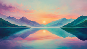 un paysage avec des montagnes et de l'eau, un lever de soleil, le tout se reflète dans l'eau signifiant l'harmonie du Yin et du Yang. Des tons pastel (rose, violet, vert, bleu), une composition symbolique et paisible