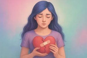 Illustration d’une femme tenant un cœur brisé avec un pansement, évoquant les blessures émotionnelles. Sur un fond pastel rose, bleu, violet et vert.