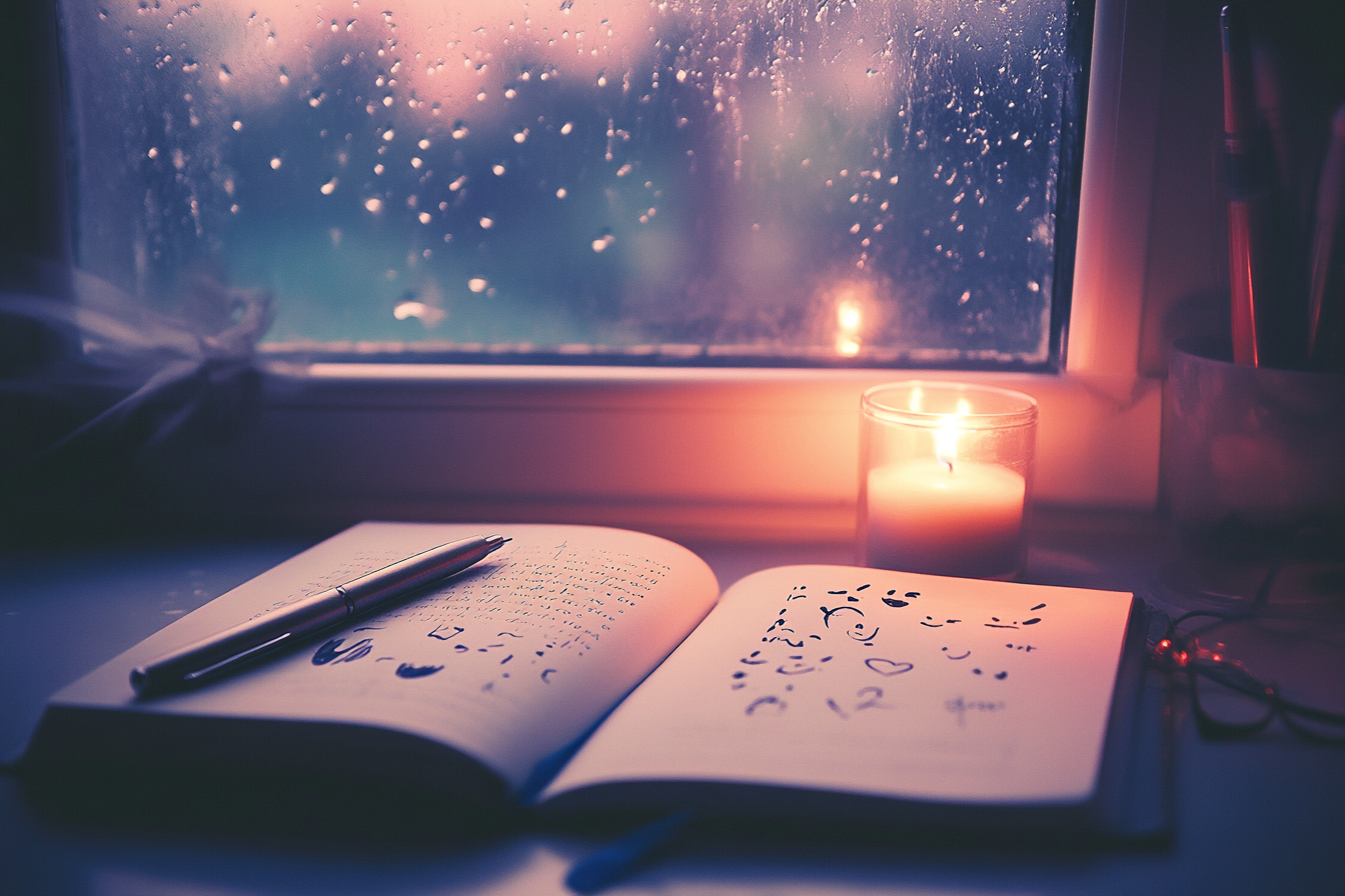 Un bureau douillet et doucement éclairé avec un journal ouvert et un stylo posé sur ses pages. Le journal contient des mots manuscrits exprimant des émotions profondes. La lumière chaleureuse des bougies scintille à côté du journal, créant une atmosphère intime. En arrière-plan, une fenêtre avec une vue pluvieuse renforce l'ambiance contemplative. Des éléments artistiques subtils, comme des éclaboussures d'encre formant des visages émotionnels abstraits, ajoutent de la profondeur. L'ambiance est paisible, évoquant l'introspection, la pleine conscience et la libération émotionnelle.