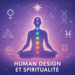 Illustration spirituelle représentant une silhouette méditative alignée sur les chakras, entourée de symboles du Human Design (Yi King, ADN, astrologie, arbre de vie), dans une ambiance cosmique aux tons violets et bleus.