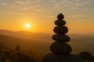 Cairn de cinq pierres empilées au coucher du soleil sur une colline, symbolisant l’équilibre et la sagesse du 5e accord toltèque.