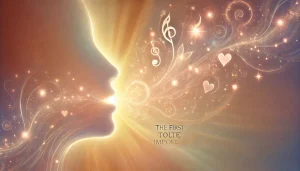 Une illustration symbolique du premier accord toltèque “Parole impeccable”, avec une bouche lumineuse laissant s’élever des formes douces et abstraites (spirales, cœurs, vagues, étoiles)