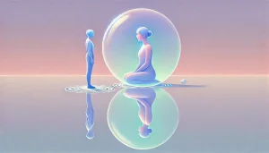 Une personne sereine est entourée d’une bulle protectrice de lumière. Son reflet paisible apparaît dans l’eau, symbolisant la conscience de soi et le détachement émotionnel. Une autre personne se trouve à l'extérieur de la bulle. L’image, aux tons pastel doux, évoque l’accord “Ne rien prendre personnellement”.