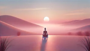 Une silhouette féminine est assise calmement dans un vaste paysage à l’aube. Le décor minimaliste est baigné de lumière douce, dans des tons pastel de rose et de lavande, créant une ambiance de paix, d’introspection et d’ouverture.