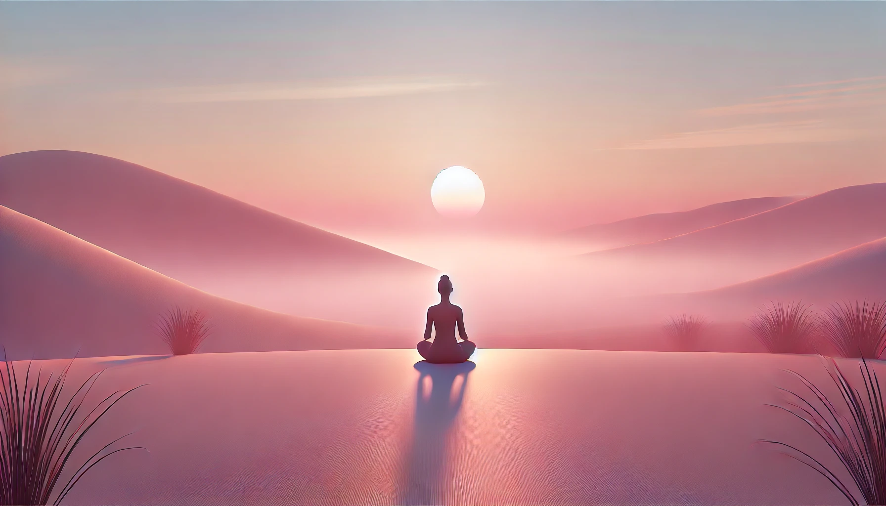 Une silhouette féminine est assise calmement dans un vaste paysage à l’aube. Le décor minimaliste est baigné de lumière douce, dans des tons pastel de rose et de lavande, créant une ambiance de paix, d’introspection et d’ouverture.