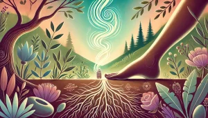 Une illustration apaisante représentant d'un pieds nu posé sur la terre, d’où partent de fines racines s’enfonçant doucement dans le sol. La scène se déroule dans un jardin avec un arbre sur la gauche, baignée d’une lumière douce, entourée de plantes luxuriantes. À l’avant-plan, une fumée délicate de sauge ou de Palo Santo s’élève en volutes, symbolisant la purification énergétique. L’ensemble est teinté de nuances harmonieuses de rose, vert, violet et bleu, créant une atmosphère de recentrage et de connexion à la nature.