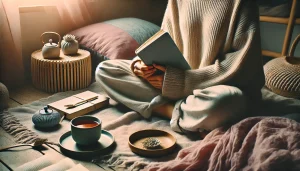 Une personne est assise calmement avec un carnet dans les mains et une tasse de thé à proximité. La scène se déroule dans une lumière douce du matin, dans un espace chaleureux aux tons pastel. L’ambiance évoque un moment de rituel personnel, d’ancrage et d’introspection paisible.