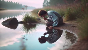 Une personne est assise paisiblement au bord d’un plan d’eau calme, observant son reflet. La scène, inspirée du mythe de Narcisse, évoque la contemplation de soi dans une ambiance douce et naturelle, aux teintes pastel bleues, vertes et lavande.