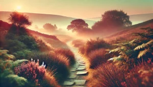 Chemin naturel sinueux au lever du soleil, traversant un paysage paisible. La lumière dorée du matin baigne la scène de teintes pastel, évoquant l’éveil, la douceur et un voyage symbolique vers la transformation intérieure grâce aux accords Toltèques.