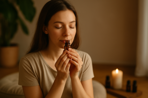Photographie d'une femme en méditation tenant un flacon d'huile essentielle, les yeux fermés, dans une ambiance douce et naturelle
