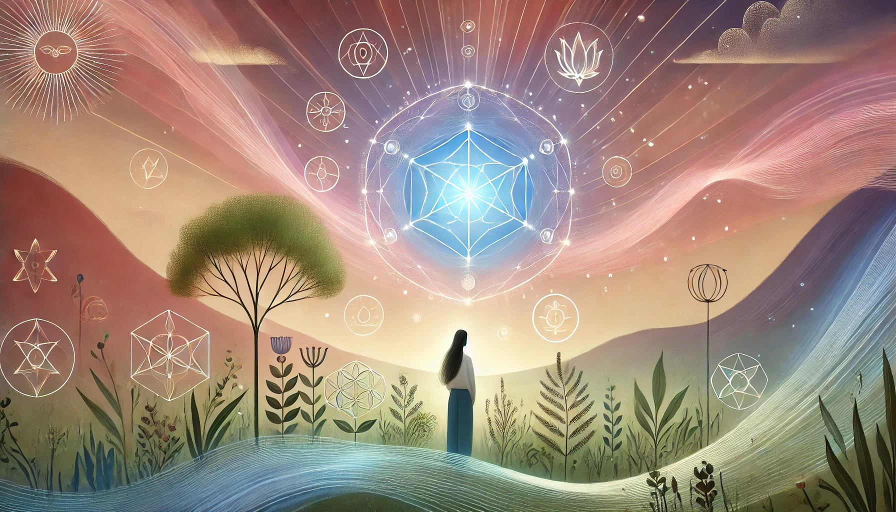 Une illustration symbolique représentant une personne paisible debout dans la nature, enveloppée d’un halo lumineux protecteur. Autour d’elle, des symboles sacrés comme l’arbre de vie ou des motifs géométriques subtils flottent dans l’air, évoquant la protection énergétique et spirituelle. L’environnement naturel, baigné de lumière douce, mêle des teintes harmonieuses de rose, violet, bleu et vert, créant une atmosphère de sérénité, d’ancrage et de connexion spirituelle.