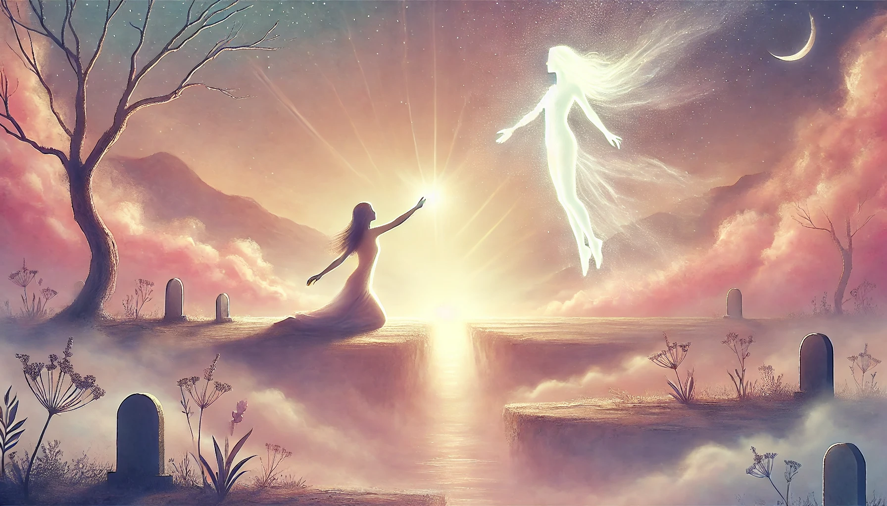 Une silhouette calme tend la main vers une lumière éthérée suspendue dans l’espace. Les couleurs douces et la composition minimaliste symbolisent le lien sacré entre les mondes visibles et invisibles, l’éternelle communication entre les plans.