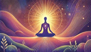 Une illustration spirituelle représentant une silhouette en méditation, entourée d’une aura lumineuse dorée et violette. Des ondes d’énergie stylisées, en vagues ou motifs subtils, rayonnent autour du corps, symbolisant un champ énergétique vibrant. L’environnement est doux et abstrait, baigné de couleurs harmonieuses — rose, violet, bleu et vert — créant une atmosphère calme, introspective et connectée à la conscience supérieure.