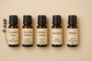 Cinq flacons d’huiles essentielles disposés sur un fond naturel : lavande, encens Oliban, laurier noble, patchouli et néroli