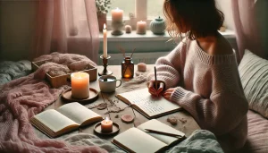 Une personne écrit une lettre dans un espace chaleureux et apaisant. La scène inclut une bougie allumée, un carnet ouvert et une tasse posée sur une table en bois ou en tissu naturel. Les tons pastel (rose, lavande, vert doux, bleu) et la lumière douce créent une ambiance cocooning et bienveillante.