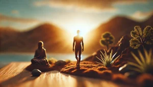 Une personne marche paisiblement dans un paysage naturel baigné de lumière dorée, entourée de montagnes et de végétation. L’image évoque l’harmonie avec la nature, la simplicité et la sagesse intérieure, en lien avec les principes du stoïcisme.