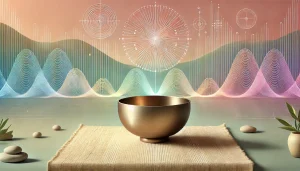 Une illustration symbolique représentant un bol tibétain posé sur un tissu naturel, dans une atmosphère paisible et méditative. Autour du bol, des ondes circulaires colorées s’étendent doucement, évoquant la vibration des fréquences sonores. Les couleurs dominantes — rose, violet, bleu et vert — renforcent l’harmonie visuelle et la sensation de calme profond, en lien avec l’énergie sonore et spirituelle.