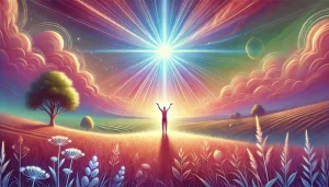 Une illustration lumineuse représentant une personne en pleine nature, les bras levés vers la lumière. Une aura rayonnante entoure la silhouette, tandis que des faisceaux lumineux descendent du ciel, évoquant l’élévation spirituelle, la joie et la connexion au soi supérieur. Le champ environnant est baigné de lumière dorée et de teintes douces de rose, violet, bleu et vert, créant une atmosphère d’expansion et de rayonnement intérieur.