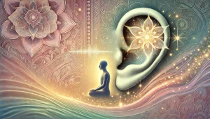 Une personne seule dans une forêt se tient dans une posture calme, semblant écouter les sons subtils de la nature. Des oiseaux et des feuilles en mouvement suggèrent un paysage sonore doux, symbolisant l’harmonie et la connexion sensible à l’environnement.