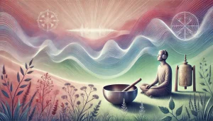 Une illustration paisible représentant une personne assise dans un environnement naturel, les yeux fermés, entourée de vagues lumineuses et colorées symbolisant l’impact énergétique de la musique. À proximité, un bol tibétain ou une harpe repose sur le sol, sans contact direct avec la personne. Les couleurs douces — rose, violet, bleu et vert — créent une atmosphère sereine, évoquant l’alignement vibratoire, la paix intérieure et la connexion à soi par le son. 