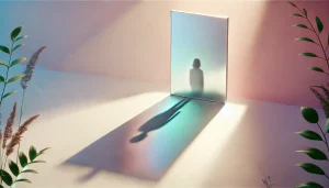 Une grande page blanche au sol reflète doucement une silhouette ou une présence invisible, comme un miroir symbolique. La scène est baignée de lumière naturelle, dans des tons pastel. Elle suggère que la page blanche est un lieu de réflexion intérieure, pas un obstacle.