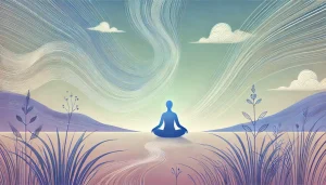 Une illustration paisible montrant une personne en posture calme, les yeux fermés, entourée de lignes lumineuses douces symbolisant le flux de la respiration. L’arrière-plan naturel évoque l’air, l’eau ou l’herbe en mouvement subtil, dans une atmosphère sereine et fluide. Les teintes harmonieuses de rose, violet, bleu et vert renforcent l’idée d’apaisement, de libération énergétique et de retour à soi par la respiration profonde.