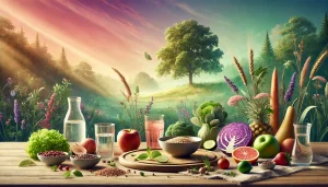 Une illustration réaliste représentant une table lumineuse dressée en pleine nature, avec des fruits et légumes frais, un bol de céréales, des herbes aromatiques et un verre d’eau infusée. L’ensemble baigne dans une lumière douce et naturelle, évoquant une alimentation saine, colorée et en lien avec l’équilibre énergétique. Les teintes dominantes — rose, vert, violet et bleu — renforcent la sensation de vitalité, d’harmonie et de bien-être global.