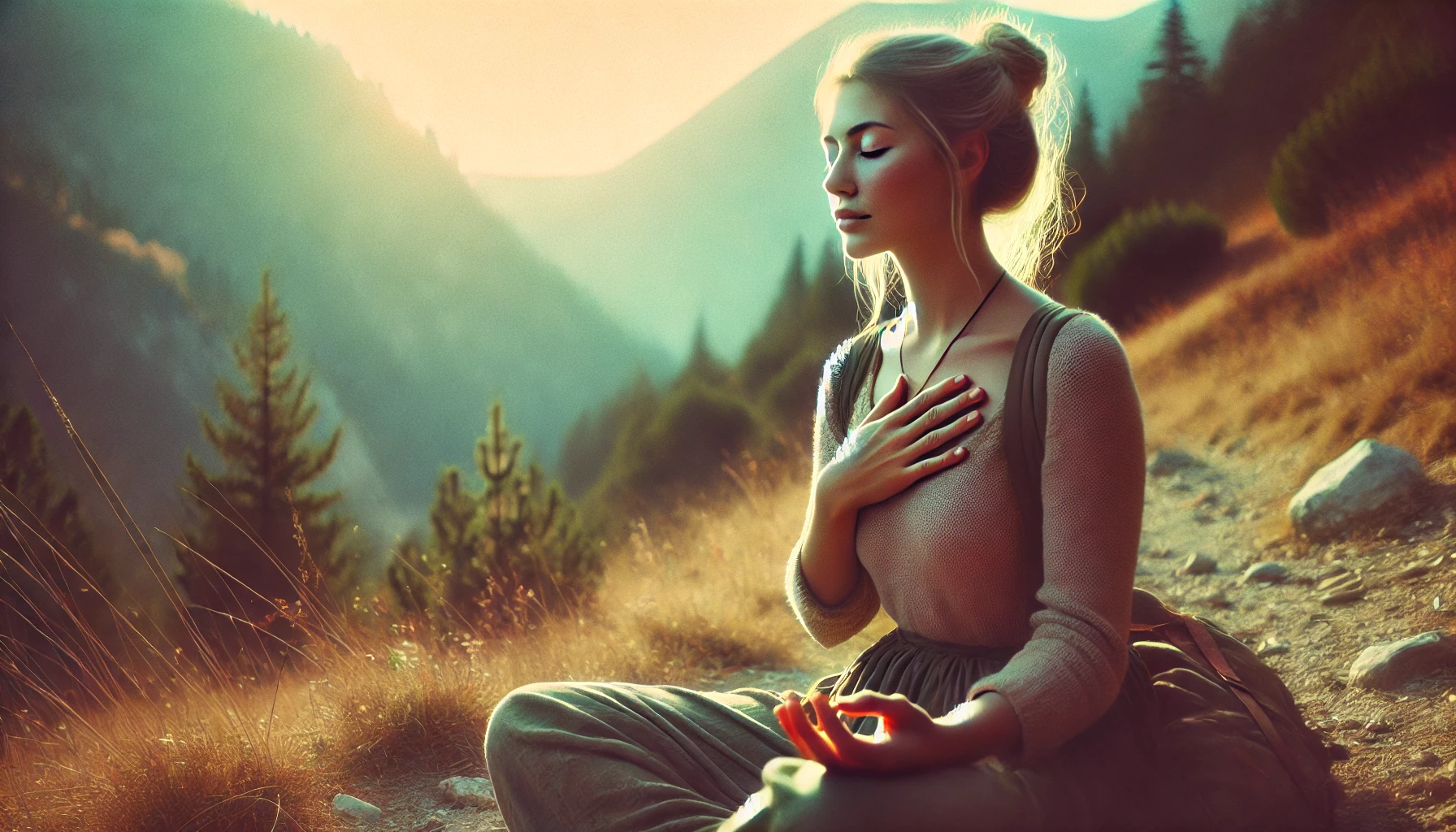 Une personne est assise en méditation dans la nature, les yeux fermés, une main posée sur le cœur. La lumière dorée et les tons chauds créent une ambiance calme, bienveillante et ancrée.