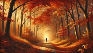  Une illustration représentant une forêt en automne. Un sentier paisible recouvert de feuilles aux teintes orangées, rouges et dorées traverse la scène. Une personne marche lentement au milieu des arbres aux feuillages éclatants, profitant de l’air frais et de l’ambiance contemplative. Des rayons de soleil doré filtrent à travers les branches, créant une atmosphère calme, chaleureuse et introspective.