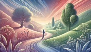 Une illustration élégante et symbolique représentant une silhouette marchant paisiblement sur un sentier naturel sinueux. Le paysage, baigné de lumière douce, évoque la réflexion intérieure et la quête de sens. Des touches subtiles de saisons et une palette de couleurs harmonieuses, rose, violet, vert et bleu, enveloppent la scène d’une atmosphère philosophique et contemplative. L’image incarne la recherche du bonheur entre sagesse et cheminement personnel.