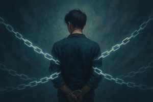 Homme debout dans une pièce sombre, entravé par des chaînes, représentant les conditionnements inconscients et sociaux qui limitent la liberté.