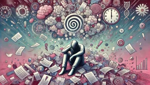 Une personne assise est entourée de papiers éparpillés et de symboles flottants représentant la surcharge mentale : spirales, horloges, points d’exclamation. Son attitude suggère la fatigue. L’ambiance est plus dense, des tons harmonieux de rose, bleu, violet et vert.