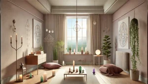 Une illustration réaliste représentant un espace de vie épuré et apaisant, baigné de lumière naturelle. La pièce est bien rangée, décorée de quelques éléments spirituels : une bougie allumée, des cristaux, une plante verte et un symbole sacré discret. Les couleurs douces – rose, violet, bleu et vert – créent une ambiance harmonieuse, propice à la sérénité intérieure et à l’équilibre énergétique.