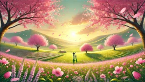 Une illustration printanière représentant un champ rempli de fleurs sauvages sous un ciel pastel. Une personne se tient au centre, les bras ouverts, accueillant l’énergie de la saison. Des pétales roses flottent dans l’air, tandis que les tons verts clairs, roses doux et lumière dorée transmettent la fraîcheur, la vitalité et l’éveil du printemps.