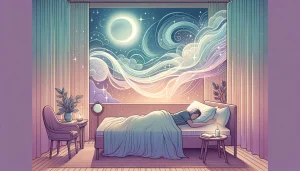 Une illustration paisible représentant une personne endormie dans un lit baigné de lumière lunaire douce. Au-dessus d’elle, des ondes lumineuses et des étoiles flottent subtilement, symbolisant la régénération spirituelle et les connexions énergétiques qui se produisent durant le sommeil. L’environnement est calme et réconfortant, décoré d’éléments naturels comme une plante, une bougie et des tons apaisants de rose, violet, bleu et vert. L’ensemble évoque le repos profond, l’alignement intérieur et le renouvellement énergétique.
