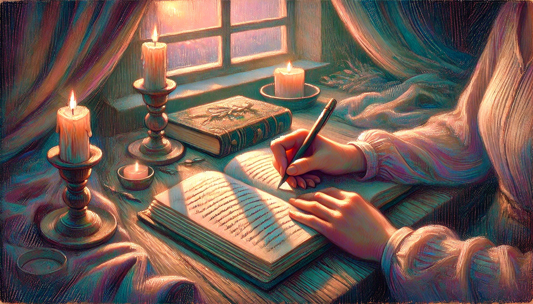 Une main détendue écrit dans un journal intime posé sur une table en bois. La scène est éclairée par la lumière d’une bougie ou d’un lever de soleil, créant une ambiance chaleureuse et introspective. Les couleurs pastel renforcent la sensation de calme et de connexion intérieure.