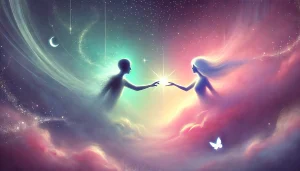 Deux personnages stylisés dans un paysage onirique. L’un, lumineux et coloré en rose, bleu, violet et vert, tend une main paisible vers l’autre, une silhouette sombre. En arrière-plan, un ciel étoilé et une brume légère crée une atmosphère douce. La scène évoque l’empathie et la connexion, sans notion de sacrifice.