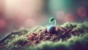 Gros plan sur une graine en train de germer dans une terre douce et calme. Une pousse verte émergent, baignées de lumière naturelle. La scène utilise des couleurs pastel (rose, bleu, violet, vert) et symbolise le renouveau, l’éveil et le potentiel du silence.
