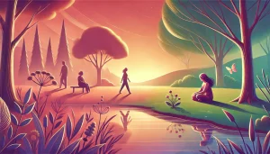 Une illustration chaleureuse montrant un petit groupe de personnes partageant un moment paisible dans un parc, souriants et engagés dans une démarche bienveillante. À proximité, une personne est assise seule sous un arbre, profitant d’un instant de calme et de reconnexion à soi. L’ensemble baigne dans une lumière douce, avec des teintes harmonieuses de rose, violet, vert et bleu, évoquant l’équilibre entre lien social nourrissant et solitude régénérante.