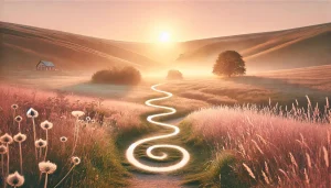 Un chemin sinueux traverse un paysage naturel paisible au lever du soleil. La lumière dorée illumine doucement les collines et les arbres, créant une ambiance de calme, d’éveil et de transformation intérieure grâce aux 4 accords Toltèque.