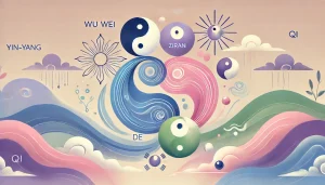 Cinq formes abstraites interconnectées représentent les principes du Tao : eau fluide, bourgeon, dualité solaire/lunaire, lumière intérieure, spirale d’énergie. L’ensemble est doux, sans texte, dans un style poétique et pastel évoquant l’harmonie naturelle.