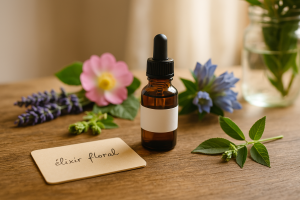 Flacon ambré d'élixir floral posé sur une table en bois, entouré de fleurs fraîches, dans une lumière douce et naturelle