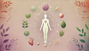 Silhouette humaine apaisée entourée de symboles subtils représentant l’équilibre mental et physique : cerveau, cœur, feuille, soleil, et flux énergétiques légers. Les couleurs pastel évoquent l’harmonie, la douceur et l’effet holistique des micro-habitudes sur le bien-être global.