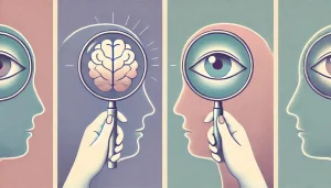 Une illustration symbolique représentant une loupe posée sur un cerveau ou un œil observant un miroir dont l’image passe de floue à nette. L’ambiance douce et introspective évoque le discernement, la clarté mentale et la conscience que notre vision du monde est une interprétation personnelle.