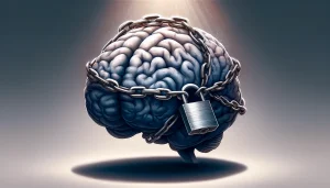 Un cerveau humain est entouré de chaînes et fermé par un cadenas, symbolisant les blocages mentaux et les croyances limitantes. L’image évoque l’emprisonnement intérieur et le poids des conditionnements.