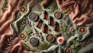 Une illustration réaliste en vue du dessus montrant un arrangement soigné de petits flacons d’huiles essentielles posés sur un tissu naturel. Autour d’eux sont disposés des éléments botaniques : morceaux de bois (vétiver, cèdre), fleurs fraîches ou séchées (lavande, néroli) et résines (encens, myrrhe). La lumière douce met en valeur les textures naturelles, dans une palette harmonieuse de rose, violet, vert et bleu, évoquant les différentes familles olfactives et l’univers apaisant de l’aromathérapie.